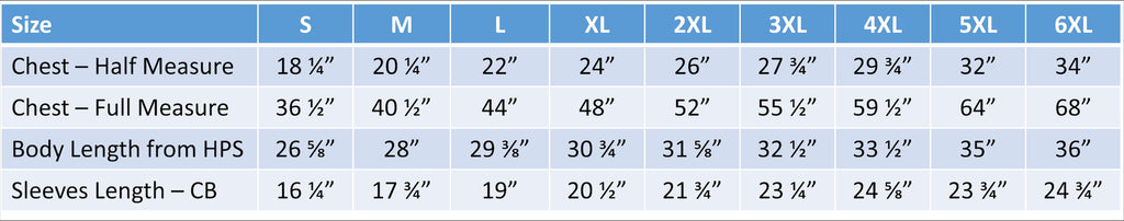 Adult measurement chart for shirts with adult size chart details.