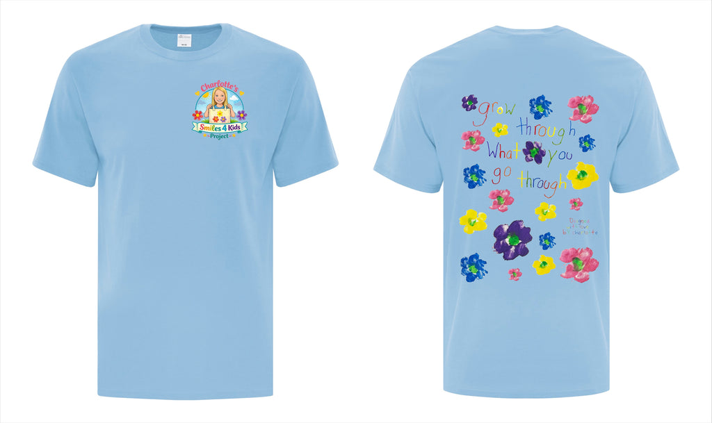 Light blue t-shirt with colorful graphics on a white background
