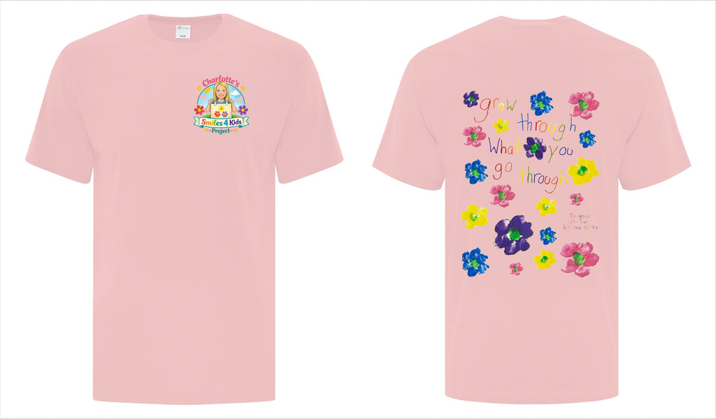 Pink t-shirt with colorful graphics on a white background