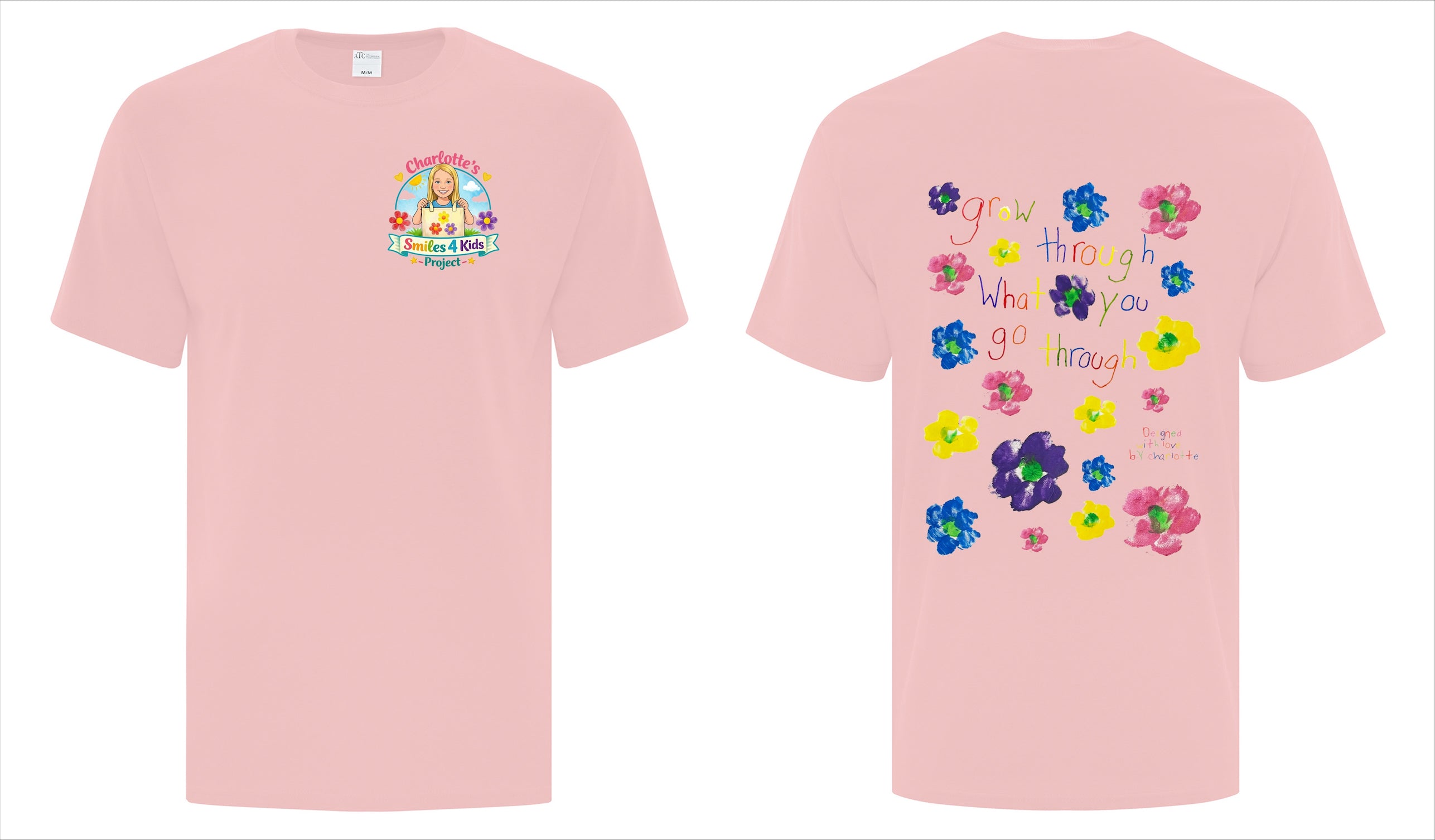 Pink t-shirt with colorful graphics on a white background