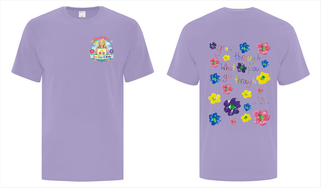 Purple t-shirt with colorful graphics on front and back