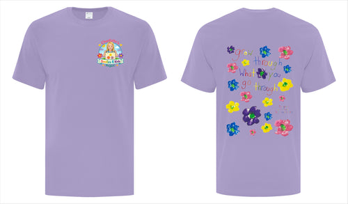 Purple t-shirt with colorful graphics on front and back