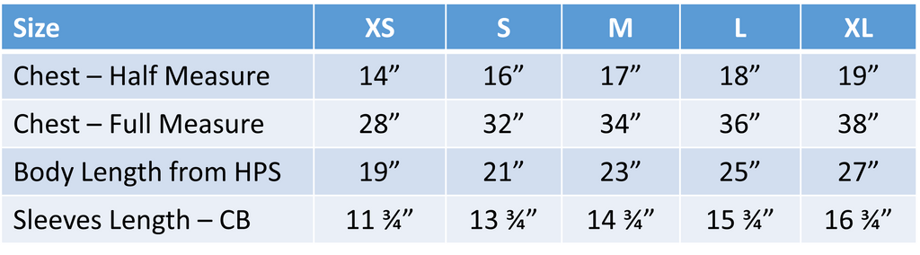 Youth measurement chart for clothing sizes with chest, body length, and sleeve measurements.