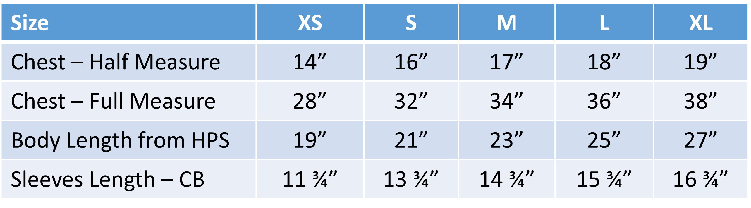 Youth measurement chart for clothing sizes with chest, body length, and sleeve measurements.
